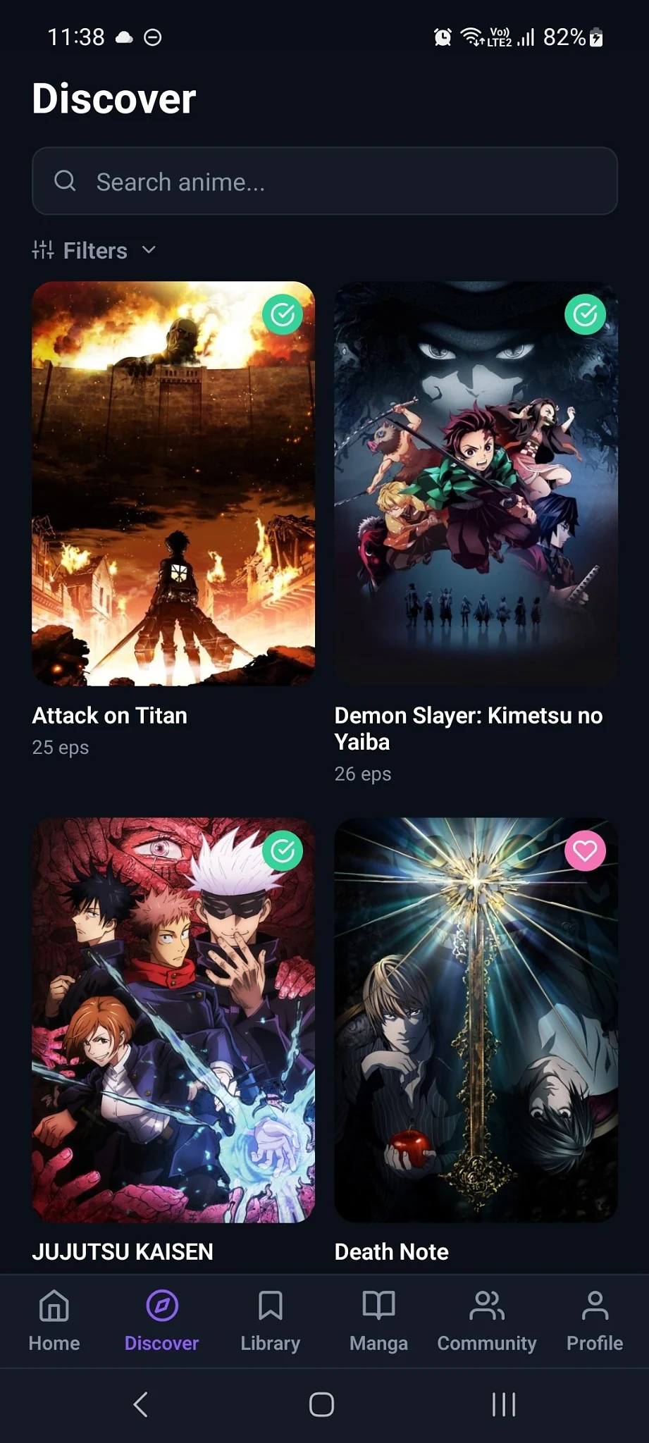 Kiroku discovery screen for finding anime