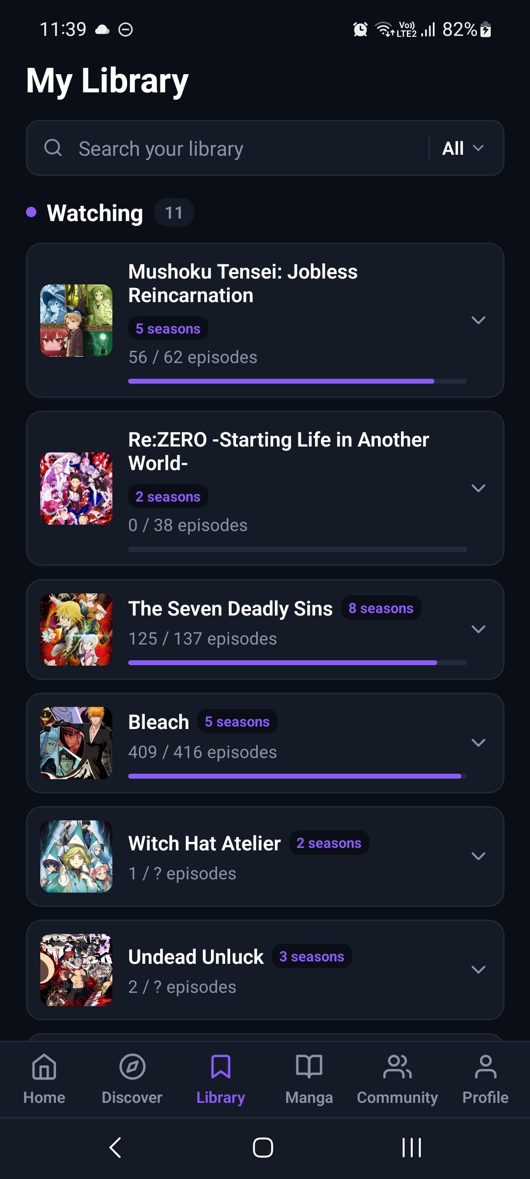 Kiroku personal library screen for tracked anime